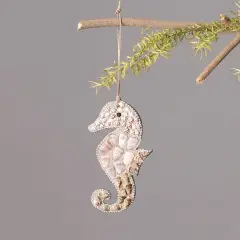 Shell & Glass Beaded Lac Sea Horse Ornament - Brown & White