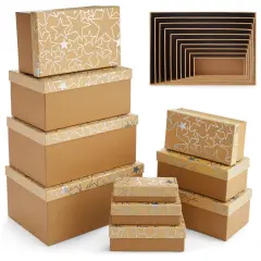 Set of 10 Nesting Gift Boxes with Lids, Cardboard Box with Silver Foil Star Designs (10 Sizes) Brown