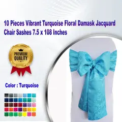 10 Pieces Vibrant Turquoise Floral Damask Jacquard Chair Sashes 7.5 x 108 Inches