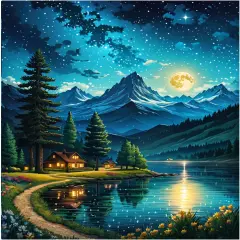 Mountain Paint by Numbers Kit for Adults Lakeside Cabin Adult Paint by Number Kits On Canvas Moon Night Oil Painting Kit for Beginners Adults Kits for Gift Home Wall Decor 16x20 Inch
