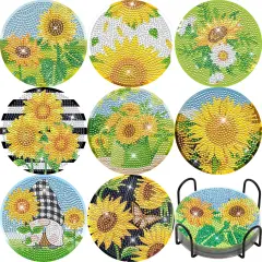 8 Pieces Sunflower Diamond Art Painting Coasters DIY 5D Full Drill Coasters Acrylic Round Cup Coaster with Holder Cork Pads for Spring Summer Party Home Decor DIY Crafts