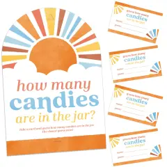 Big Dot of Happiness Retro Sunshine How Many Candies Are In The Jar, Themed Here Comes The Son Baby Shower Game, Candy Guessing Party Activity - 1 Paper Stand and 40 Cards