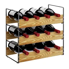 3-Tier Stackable Wine Rack Holds 4 Bottles per Tier, Metal & Bamboo Wine Storage Rack