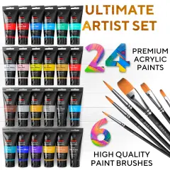 24 Colors Premium Quality Acrylic Paint Set- 1.28oz (38ml) - with 6 Nylon Brushes - Safe for Kids & Adults - Perfect Kit for Beginners, Pros & Artists to Create Amazing Paintings and Artwork