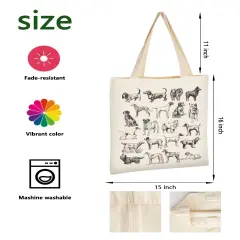 1 Pack Canvas Tote Bag Aesthetic for Women, Cute Trendy Dog Hand Drawn Reusable Cloth Cotton Bags with Handle for Grocery College Shopping Beach