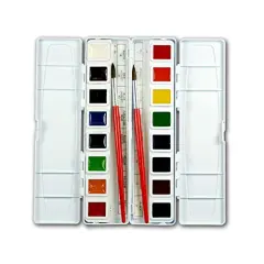 Half Pan Watercolor Paint Set with Brush and Lid, Refillable, 16 Assorted Colors, (01600), 18 Piece Set