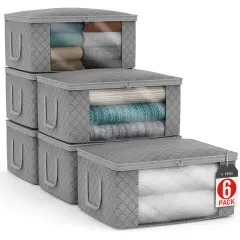 Sorbus Medium Clothes Storage Bags 6 Pack - Foldable Blanket Organizer Bins with Window, Lids, and Handles Gray