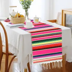 Mexican Table Runner, Mexican Fiesta Party Decorations 14"x84" Fiesta Table Runner Cinco De Mayo Party Decorations Boho Colorful Striped Runner Cotton Blanket Mexican Theme Home Party Decor, Hot Pink