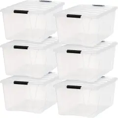 IRIS USA 72 Qt Stackable Plastic Storage Bins with Lids, 6 Pack, Latches, Durable Nestable Containers, Secure Pull Handle - Clear