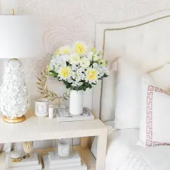 Summer Silk Hydrangea Artificial Flowers &ndash; 2 Bundles of White Faux Peonies & Daisy Flowers, Fake Outdoor Grave Flowers for Garden Decor, Wedding Centerpieces, Tabletop Decor, Home Vase Arrangements, Cemetery Decor