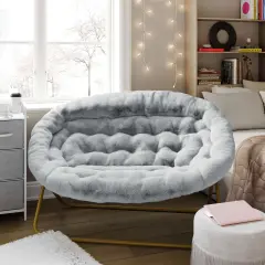 Emma and Oliver Janey Folding Double Saucer Chair with Steel Frame for Dorm, Living Room, or Bedroom GrayFabric/SoftGold