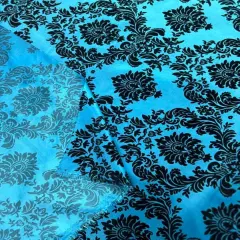 1 Yard Elegant Flocked Damask Taffeta Fabric for Events & Home - 58" Width Turquoise/Black