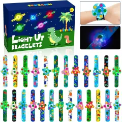 25 PCS Light Up Fidget Rotating Toy + 25PCS Slap Bracelets, Dinosaur Valentines Party Favors Stocking Stuffers for Kids 4-8-12 Goodie Bag Stuffers Glow in The Dark Supplies Gifts