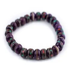 The Bead Chest Mala Stretch Bracelet, Purple - Stackable Nepal Bone Inlaid with Turquoise & Coral Colors, 100% Authentic and Genuine