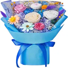 Flowers Bouquet (Pink Champagne White Roses, Blue Paper)