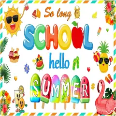 So Long School Hello Summer Backdrop Banner Colorful Sun Popsicle Party Decorations for Summer Vacation End of School Year Graduation Photography Background for Hawaii Pool Party Supplies