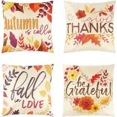 Set of 4 Thanksgiving Throw Pillow Covers with Seasonal Fall Quotes, 4 Autumn Designs (17 x 17 In) Multicolor