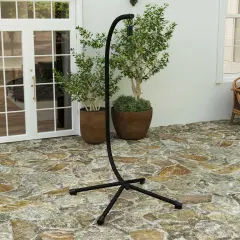 Merrick Lane Inger Heavy Duty All-Weather Hanging Hammock Chair C-Stand with Steel Offset Base and Hardware, 360 Degree Rotation Black