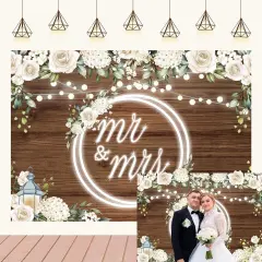 White Rose Wedding Backdrop for Reception Mr and Mrs Banner Bridal Shower Engaged Party Decorations Backdrop for Wedding Glitter Lights Floral Wooden Wedding Banner 7x5Ft