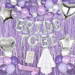 Lavender Bachelorette Party Decorations Set- Purple Bridal Shower Decorations Engagement Wedding Party Decor with Bride To Be Sash, Veil, Temporary Tattoos, Confetti Balloons Pack and Fringe Curtain