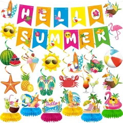 Summer Party Decorations Hello Summer Banner Hanging Swirls and Honeycomb Centerpieces Beach Pool Decorations for Pool Holiday Birthday Party Supplies