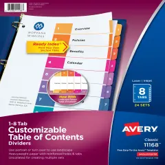 Avery Dividers for 3 Ring Binders, 8 Tabs per Set, Customizable Table of Contents, Multicolor Tabs (24 Sets of 11168)
