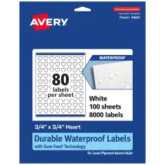 Avery Durable Waterproof Heart Labels with Sure Feed, .75" x .75"