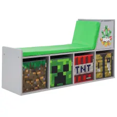Minecraft: Storage Bench - Wooden Storage w/ Cushioned Reading Shelf, 4 Themed Storage Cubes, Seating & Organization In 1, Game Theme D&eacute;cor, Licensed