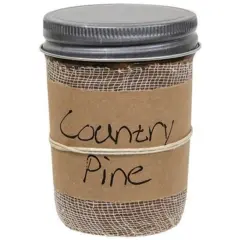 Country Pine Jar Candle 8oz with Balsam Fir Scent 1 Wick Silver Lid Cheesecloth Jute Cinnamon Accent