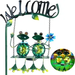 Outdoor Garden Solar Lights,Frog Swing Garden Decor,Frog Decorative Stake with Welcome Sign for Landscape Patio Yard (48 inch)