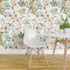 Peel & Stick Wallpaper 2FT Wide Botanical Magnolia Eucalyptus Green Watercolor Floral Wedding Nursery Cream Spring Flowers Custom Removable Wallpaper by Spoonflower