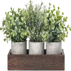 3 Pack Mini Potted Artificial Eucalyptus Fake Plants with Wood Tray Centerpiece Table Decorations