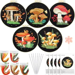 5 Sets Mushroom Embroidery Kit for Beginners with Pattern and Instructions Include Embroidery Cloth Hoops Threads for Craft Lover Hand Stitch DIY Adult Hand Needlepoint