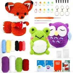 3 Pattern Animals-Owl, Fox, and Frog Crochet Kit
