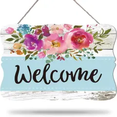 Welcome Hanging Sign Front Door Decor Summer Wooden Welcome Sign Watercolor Floral Welcome Sign Rustic Farmhouse Flower Print Wood Sign for Holiday Home Coffee Shop Window Door Decor