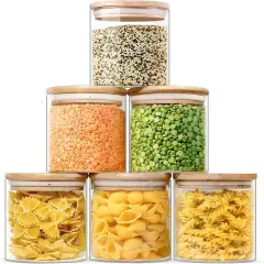 Urban Green Glass Jars with Bamboo Lids, Glass Airtight Canisters sets, Food Storage Container, Pantry Organization and Storage Jars, Kitchen Canisters Sets, Flour Containers of 6
