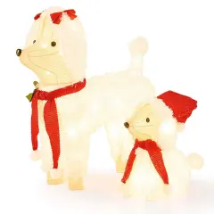 Costway Pre-lit Mama & Baby Poodle Dogs 60 Warm White LED Lights Red Hat & Scarf