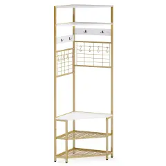 5-Tier Corner Hall Tree with Shoe Storage Bench White