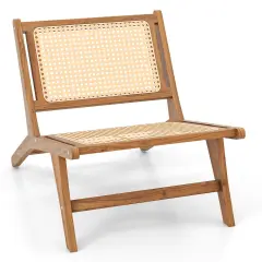 Costway 1/2 PCS Mid Century Modern Teak Wooden Chair with Handwoven Rattan Seat & Backrest