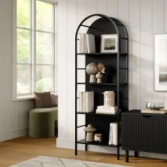4 Tiered Black Arched Bookshelf - Stylish, Modern Home Decor - Tall Arch Bookcase - Wooden Open Arched Cabinet with Shelves - Grain Textured Laminate Arch Bookshelf with Wood Panel Backing (Black)