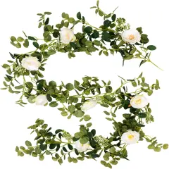 Eucalyptus Garland with Camellias Flowers, 6 FT Artificial White Flower Garland Floral Vines 1 Piece Eucalyptus Leaves Vines for Wedding Party Decor