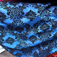 1 Yard Damask Flocking Taffeta Fabric 58" Wide Elegant Velvet Design for Weddings & Decor Royal Blue/Black
