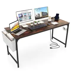 Costway 60" Modern Computer Desk with Charging Station with Storage Bag & Headphone Hook Borwn
