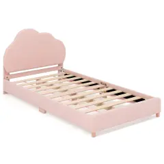 Velvet Kids Twin Bed with Adjustable Headboard Sturdy Wooden Frame and Soft Upholstery Gradient Pink