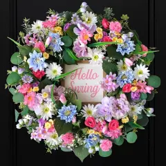 20" Spring/Summer Wreaths for Front Door, Artificial Floral Wreath with Daisies Carnations Wildflowers Eucalyptus Hello Spring Sign for Wall Window Farmhouse Party Holiday Home D&eacute;cor