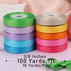 3/8 Inch 100 Yards Grosgrain Ribbon Set 10 Yd/Roll 10 Rolls Spring Easter Craft Ribbon for Gift Wrapping Floral Bouquets Wedding Party Decoration