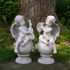 Northlight 14.75" Set of 2 Cherub Angels with Instruments Outdoor Garden Statues Gray