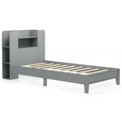 Wooden Twin Bed Frame with Bookcase Headboard Storage Shelves and Under-bed Space Grey