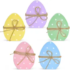 5Pcs Easter Egg Wooden Table Decor Polka Dots Egg Table Centerpieces Cute Spring Easter Standing Egg Wood Signs Easter Tiered Tray Tabletop Decoration with Rope for Home Party Decor