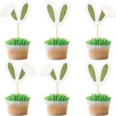 24 Pack Easter Bunny Ear Cupcake Toppers, Green Glitter Rabbit Ears Cupcake Picks, Easter Day Cake Toppers for Easter Theme Spring Birthday Baby Shower Party Supplies